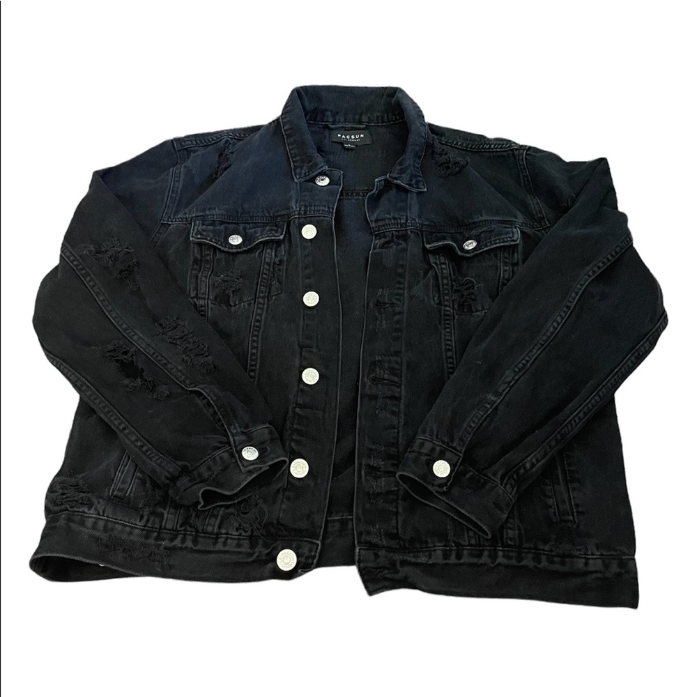 PacSun Distressed Ripped Black Denim Jacket | Size L